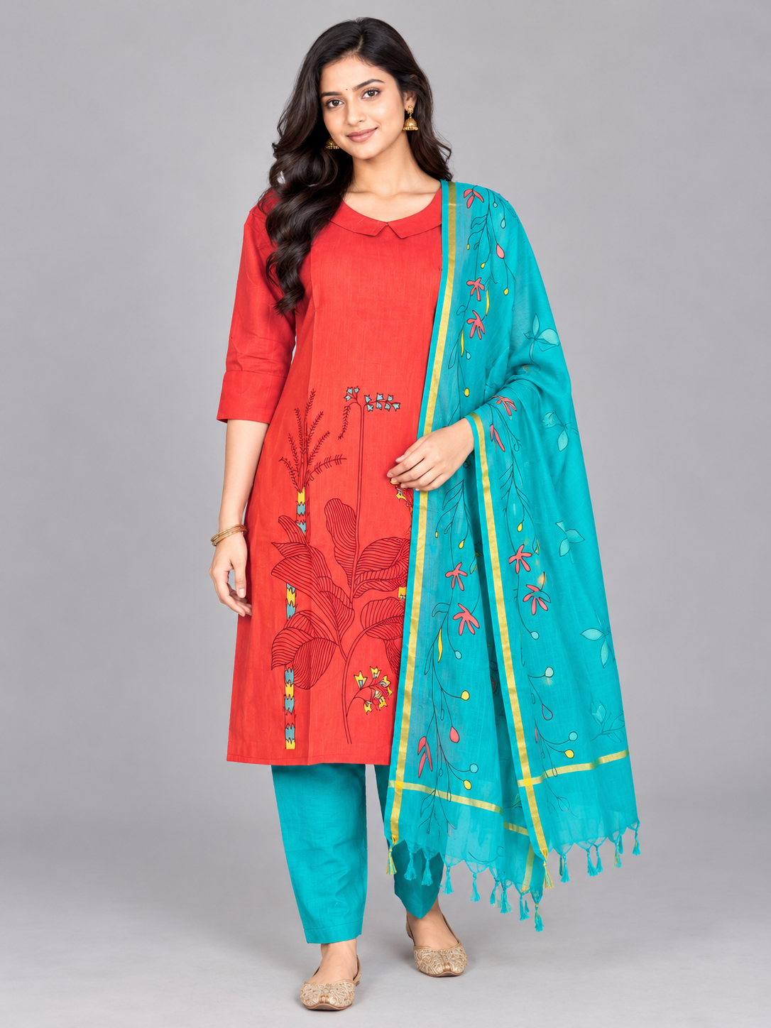 Premium Coral Red Printed Cotton 3PC Kurti Set with Floral Design & Collar Neck | Straight Pant & Teal Blue Printed Dupatta | Ready to Wear