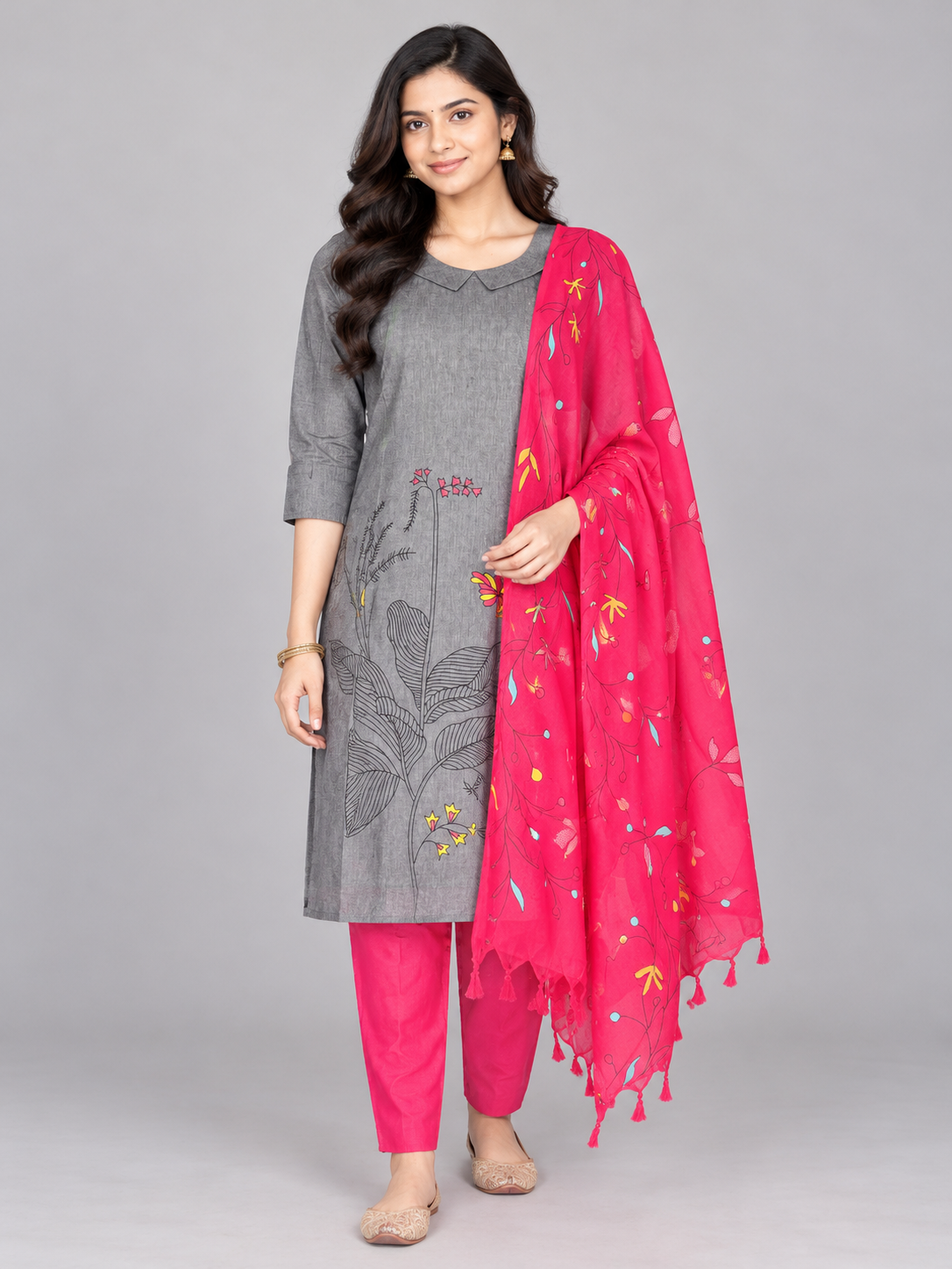 Premium Charcoal Grey Printed Cotton 3PC Kurti Set with Floral Design & Collar Neck | Straight Pant & Hot Pink Printed Dupatta | Ready to Wear