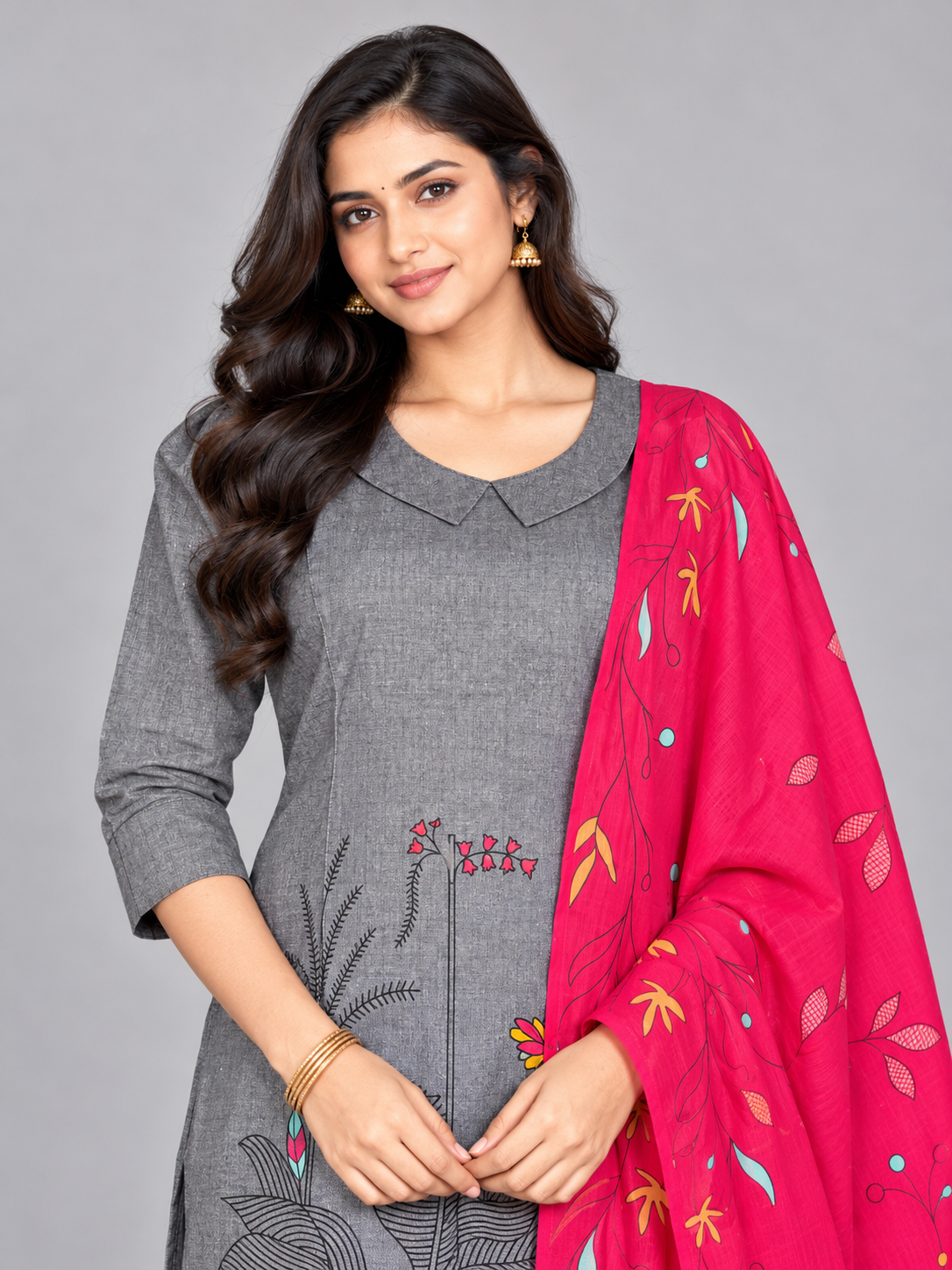 Premium Charcoal Grey Printed Cotton 3PC Kurti Set with Floral Design & Collar Neck | Straight Pant & Hot Pink Printed Dupatta | Ready to Wear