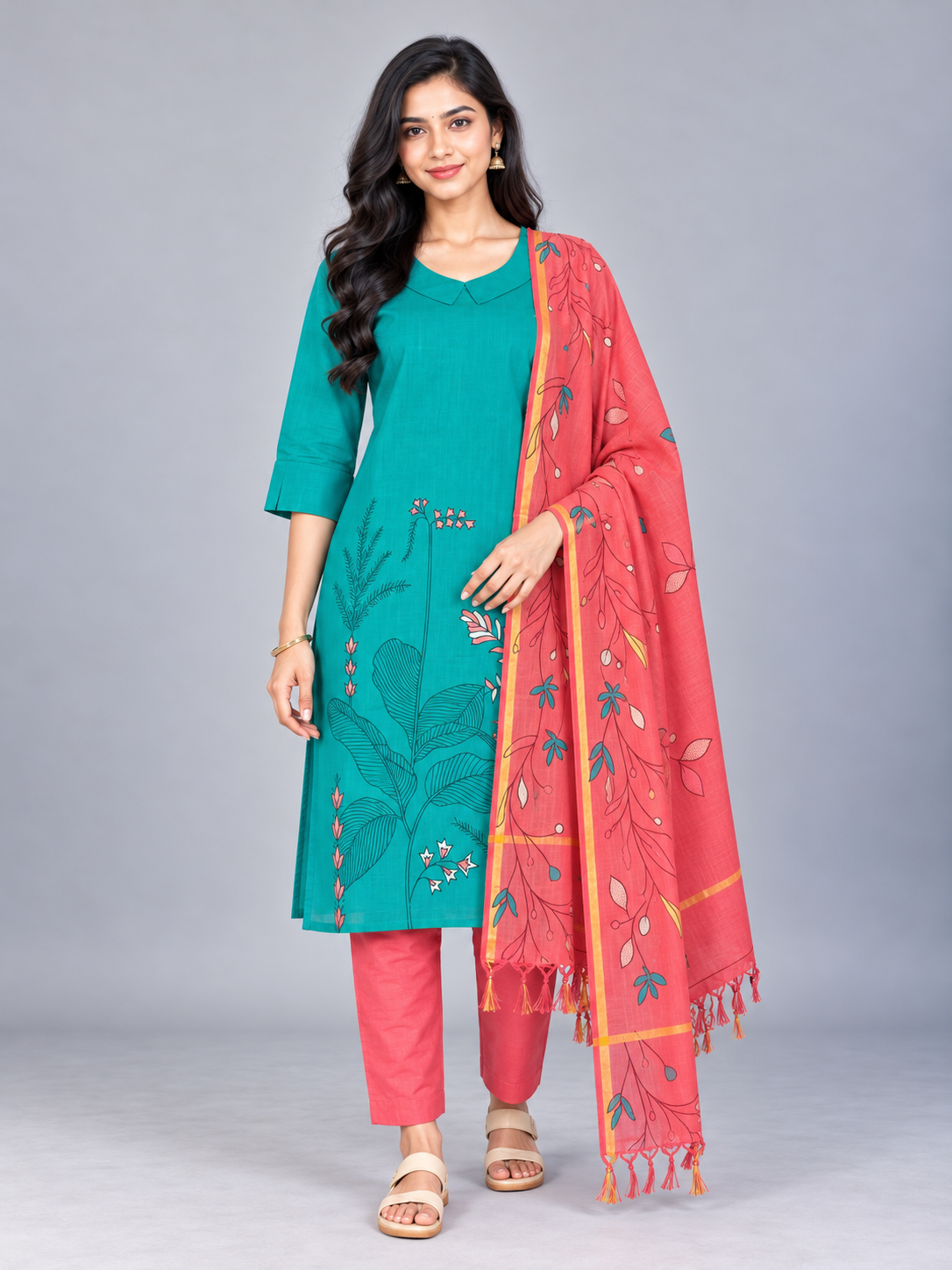 Premium Teal Blue Printed Cotton 3PC Kurti Set with Floral Design & Collar Neck | Straight Pant & Coral Pink Printed Dupatta | Ready to Wear
