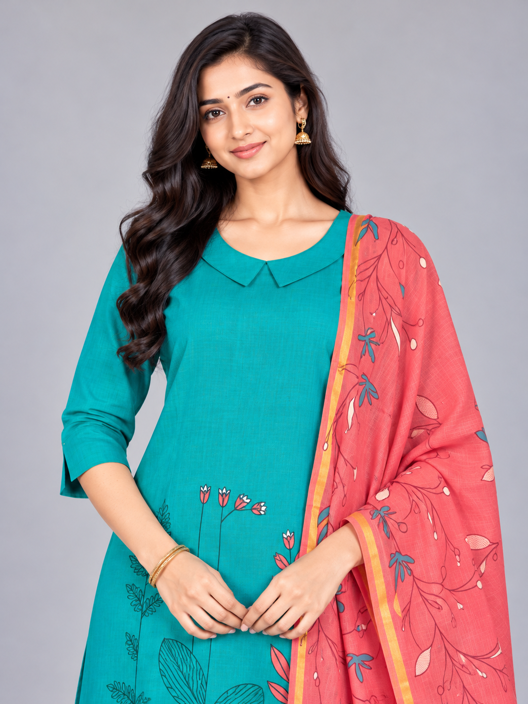 Premium Teal Blue Printed Cotton 3PC Kurti Set with Floral Design & Collar Neck | Straight Pant & Coral Pink Printed Dupatta | Ready to Wear