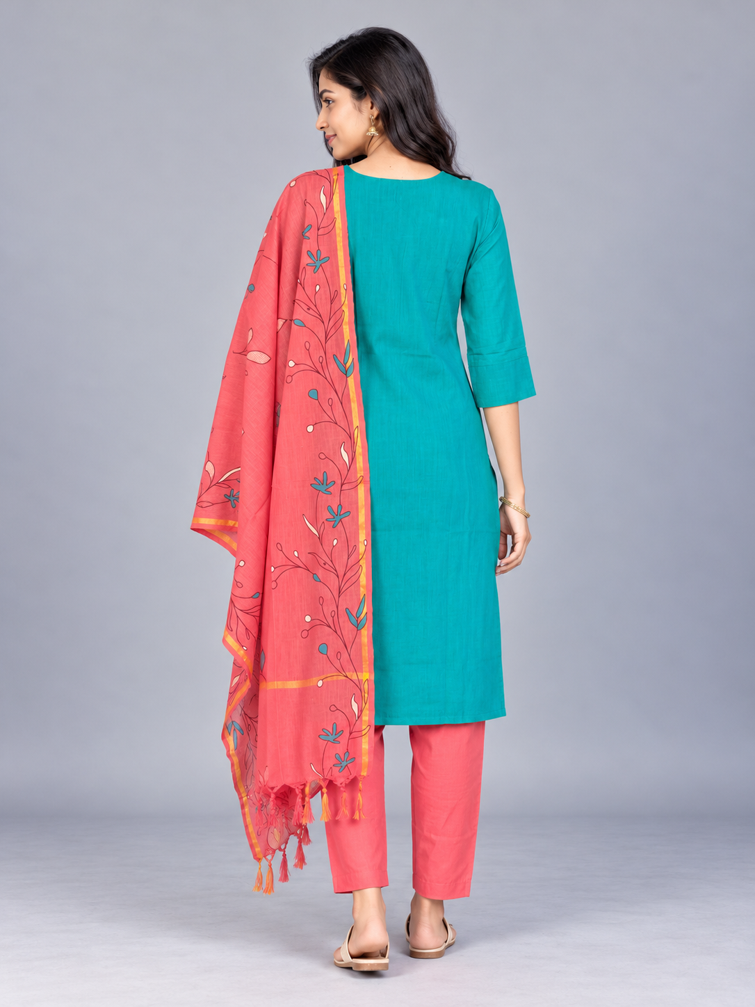 Premium Teal Blue Printed Cotton 3PC Kurti Set with Floral Design & Collar Neck | Straight Pant & Coral Pink Printed Dupatta | Ready to Wear