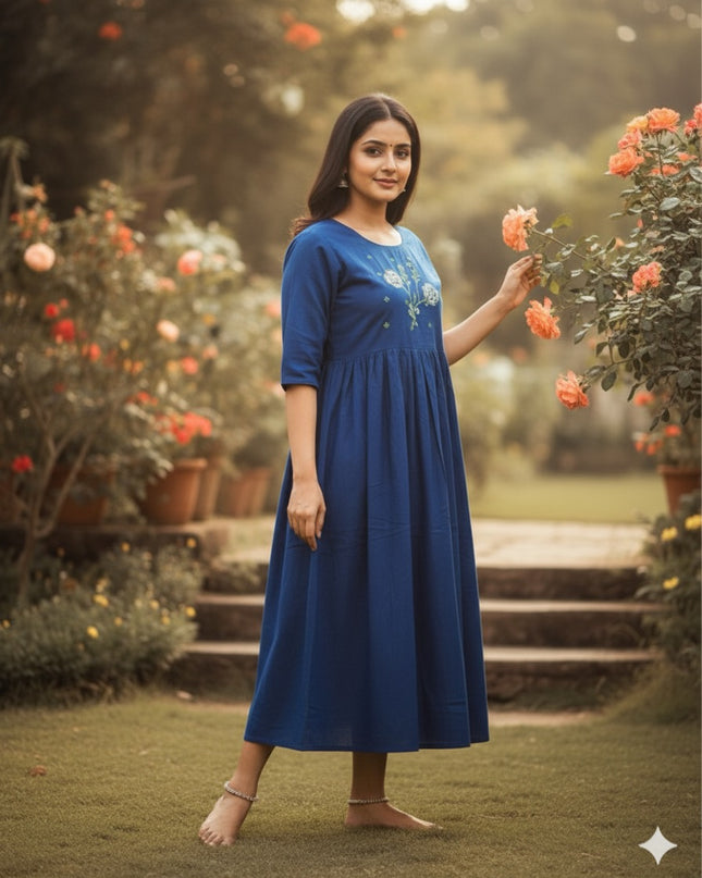 Cotton Plain Long Frock with Dusk Blue Colour