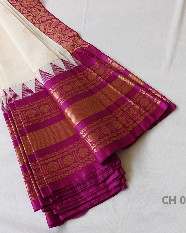 One Side Border Gadwal Handloom Cotton Saree with  Cream & Purple Border