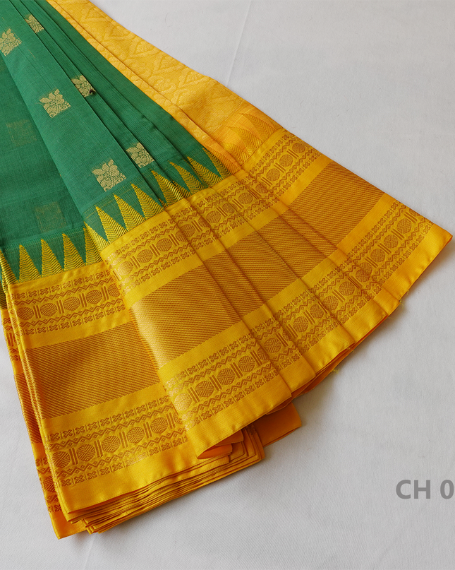 One Side Border Gadwal Handloom Cotton Saree with Green & Yellow Border
