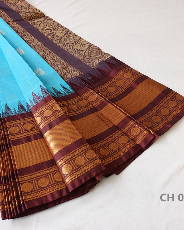 One Side Border Gadwal Handloom Cotton Saree with Blue & Chocolate Border