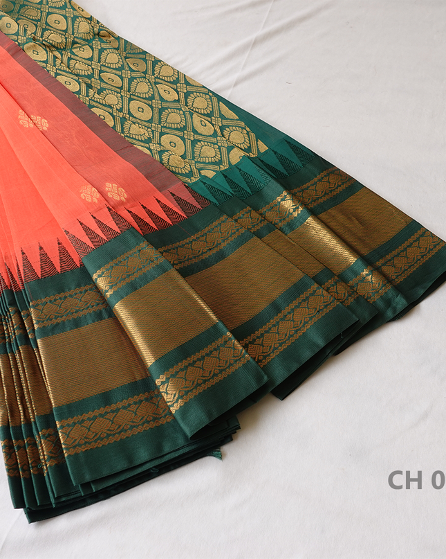 One Side Border Gadwal Handloom Cotton Saree with Kamakambaram & Green Border