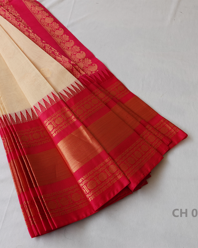 One Side Border Gadwal Handloom Cotton Saree with Half White & Red Border