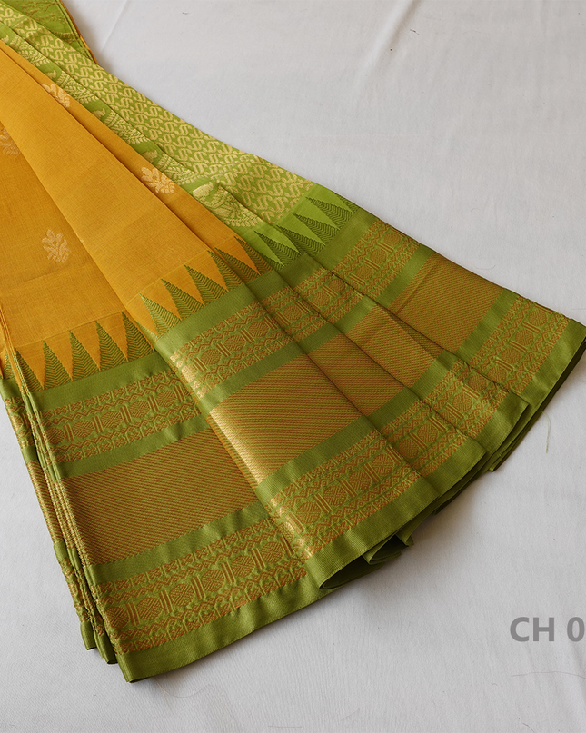 One Side Border Gadwal Handloom Cotton Saree with Yellow & Green Border