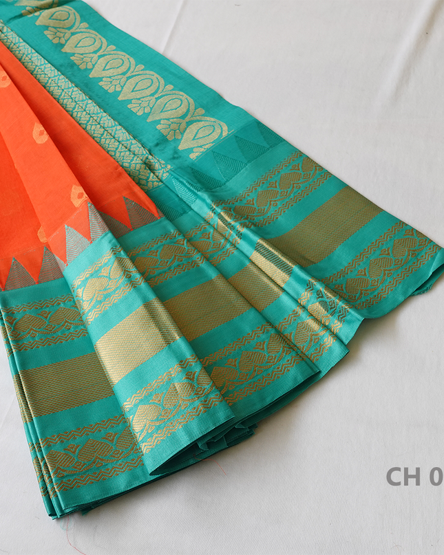 One Side Border Gadwal Handloom Cotton Saree with Orange & Sea Green Border