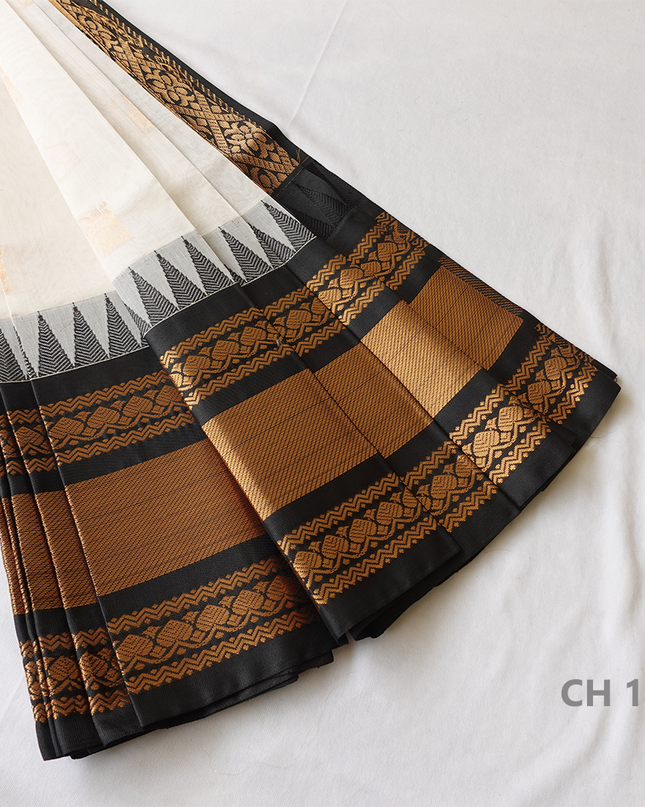 One Side Border Gadwal Handloom Cotton Saree with White & Black Border