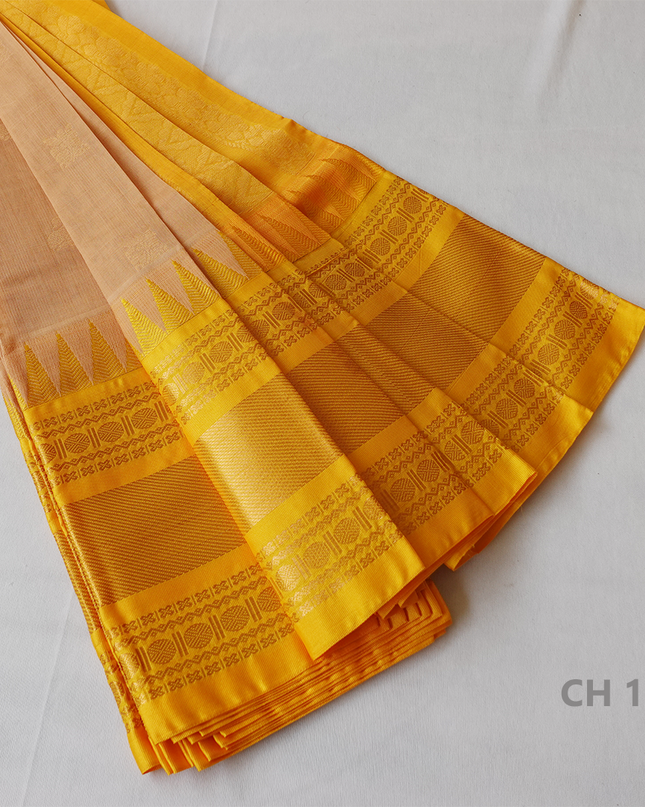One Side Border Gadwal Handloom Cotton Saree with Light Brown & Lemon Yellow Border