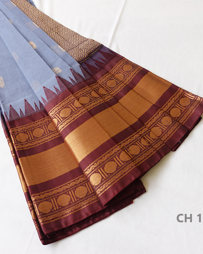 One Side Border Gadwal Handloom Cotton Saree with Gray & Chocolate Border