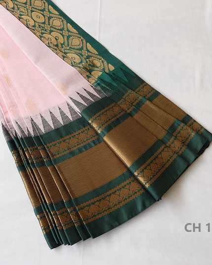 One Side Border Gadwal Handloom Cotton Saree with Baby Pink & Green Border