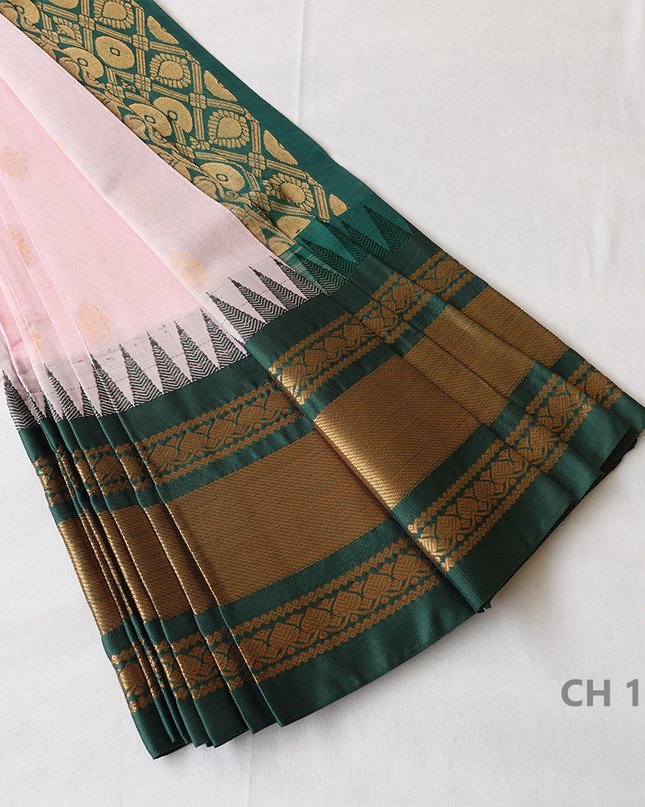 One Side Border Gadwal Handloom Cotton Saree with Baby Pink & Green Border
