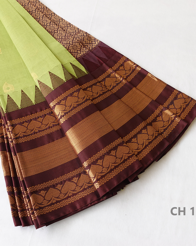 One Side Border Gadwal Handloom Cotton Saree with Green & Chocolate Border