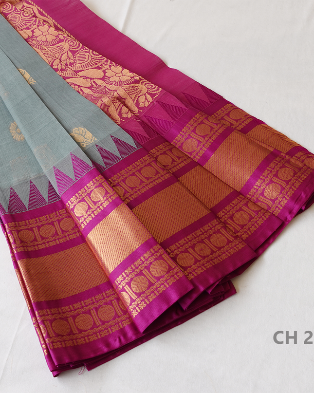 One Side Border Gadwal Handloom Cotton Saree with Gray & Pink Border