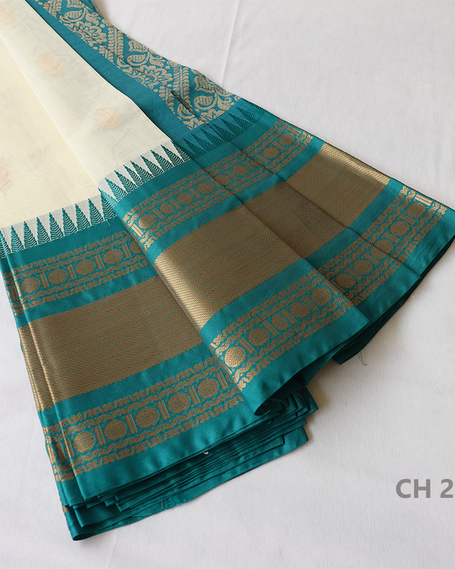 One Side Border Gadwal Handloom Cotton Saree with White & Sea Blue Border
