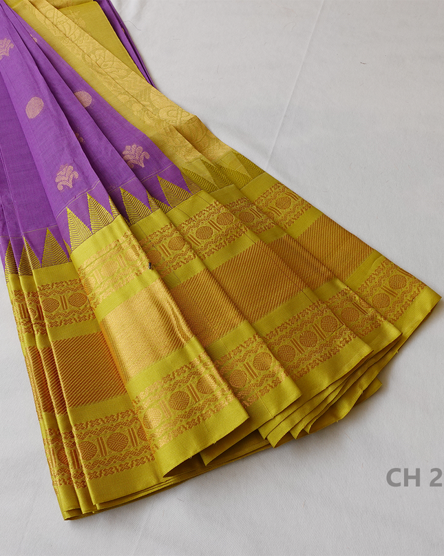 One Side Border Gadwal Handloom Cotton Saree with Violet & Yellow Border