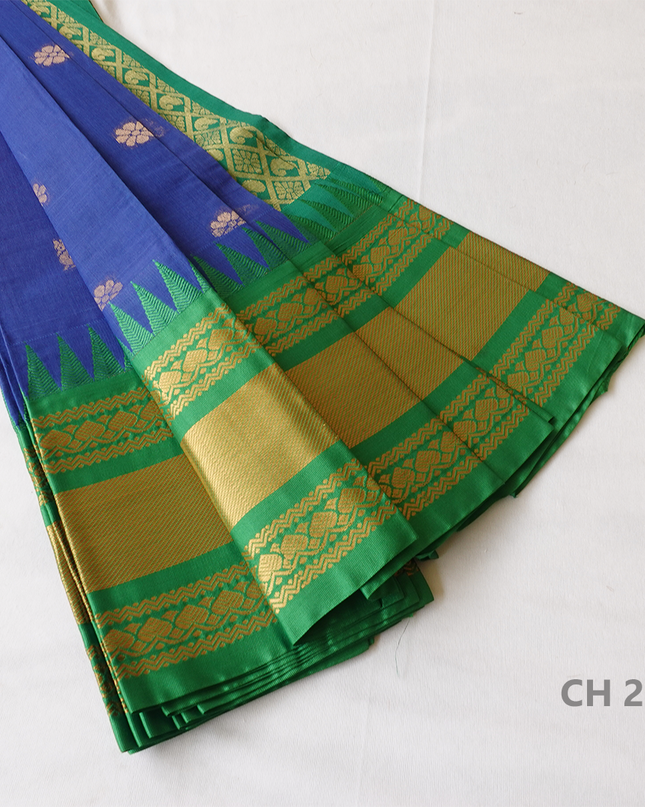 One Side Border Gadwal Handloom Cotton Saree with Blue & Green Border