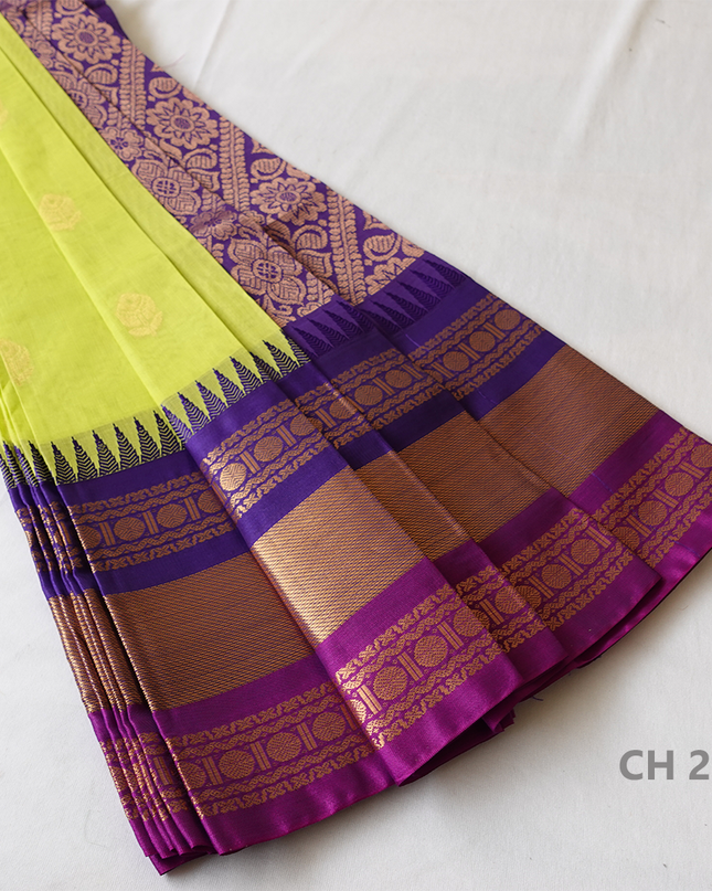 One Side Border Gadwal Handloom Cotton Saree with Green & Blue,Pink Border