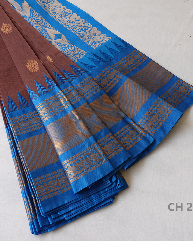 One Side Border Gadwal Handloom Cotton Saree with Brown & Blue Border
