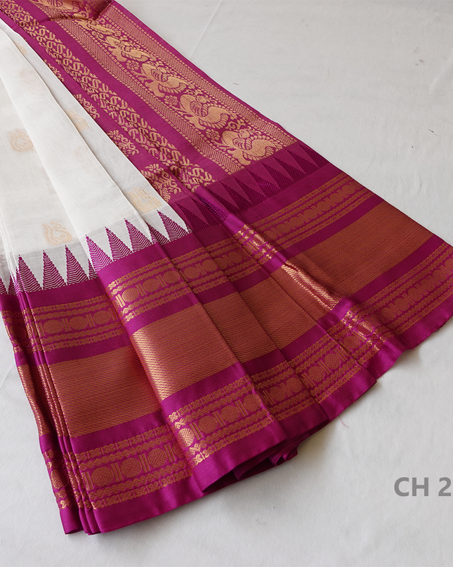 One Side Border Gadwal Handloom Cotton Saree with White & Pink Border