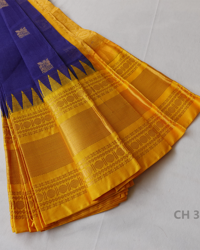 One Side Border Gadwal Handloom Cotton Saree with Blue & Yellow Border