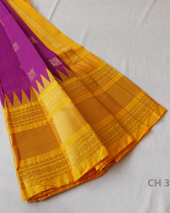 One Side Border Gadwal Handloom Cotton Saree with Pink & Yellow Border