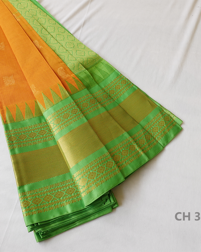 One Side Border Gadwal Handloom Cotton Saree with Yellow & Green Border