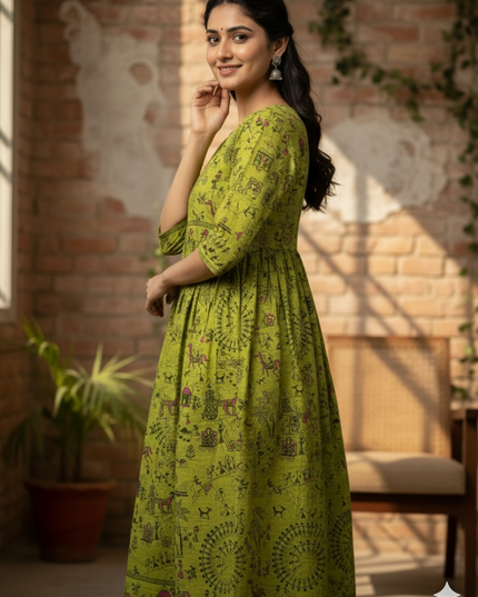 Banana Green  Floral Printed Cotton Frock for Women – Casual Wear | Bhavana Handlooms