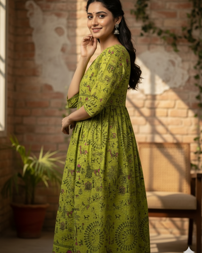 Banana Green  Floral Printed Cotton Frock for Women – Casual Wear | Bhavana Handlooms