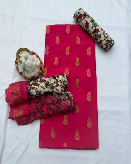 Premium Soft Jute Dress Material with Pink Woven Top & Printed Dupatta