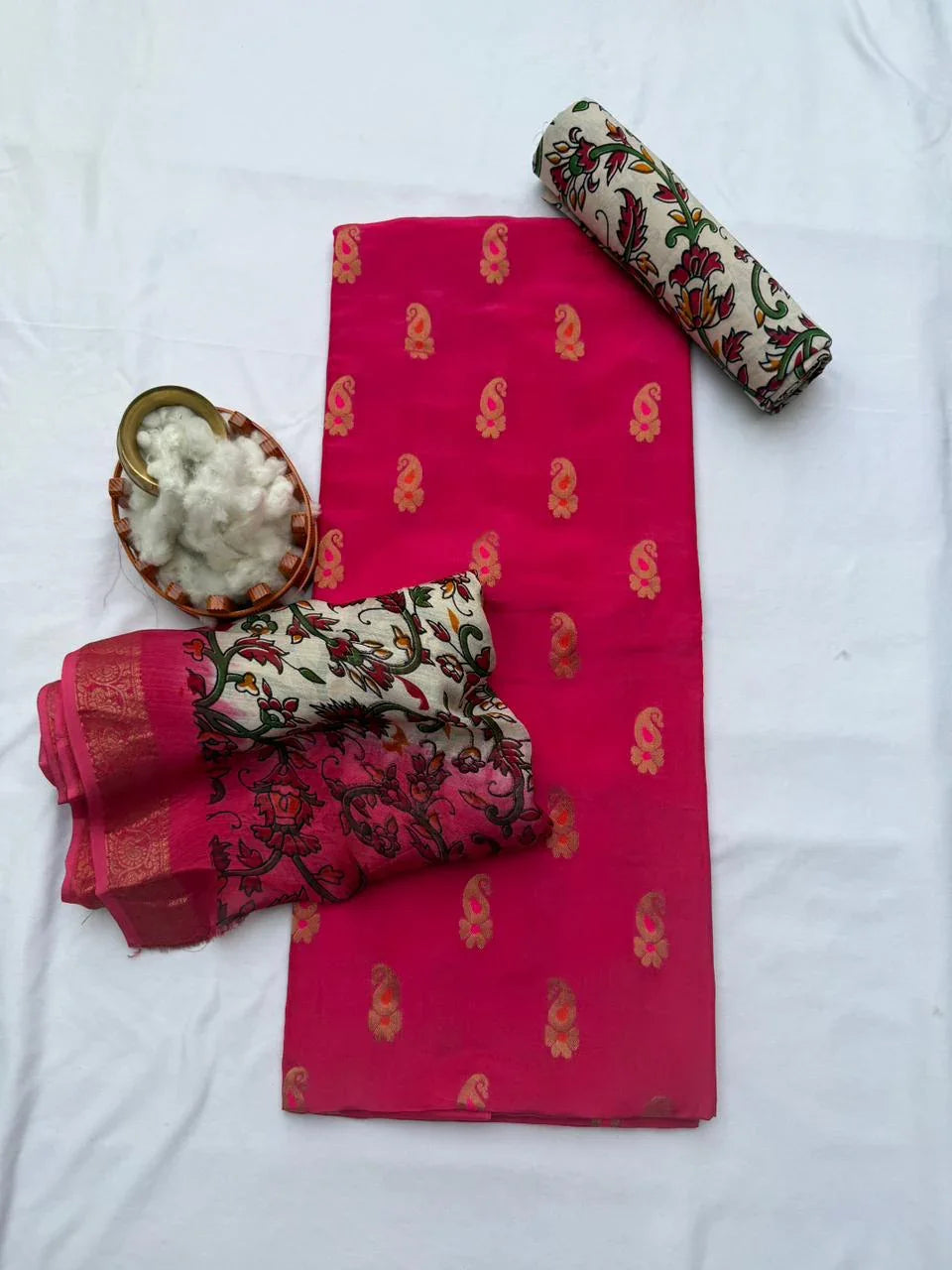 Premium Soft Jute Dress Material with Pink Woven Top & Printed Dupatta
