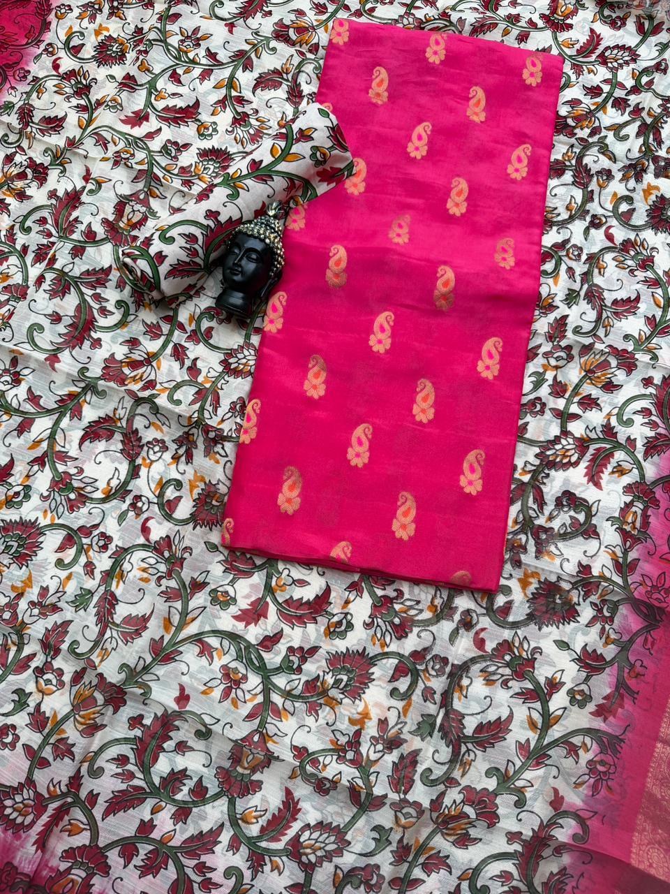 Premium Soft Jute Dress Material with Pink Woven Top & Printed Dupatta