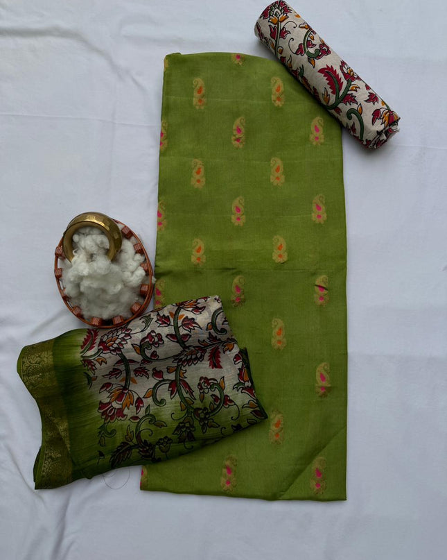 Premium Soft Jute Dress Material with Green Woven Top & Printed Dupatta