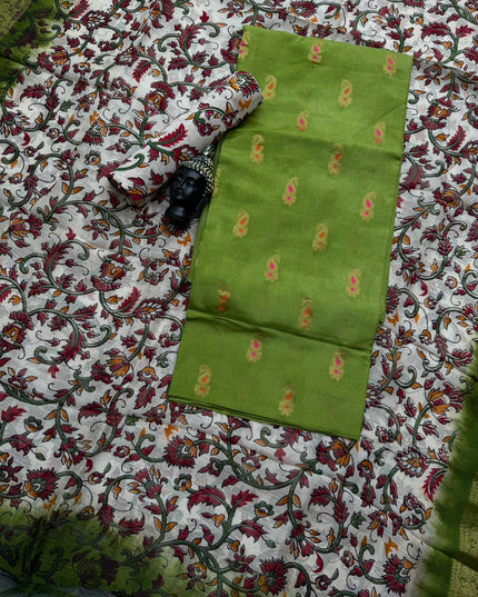Premium Soft Jute Dress Material with Green Woven Top & Printed Dupatta