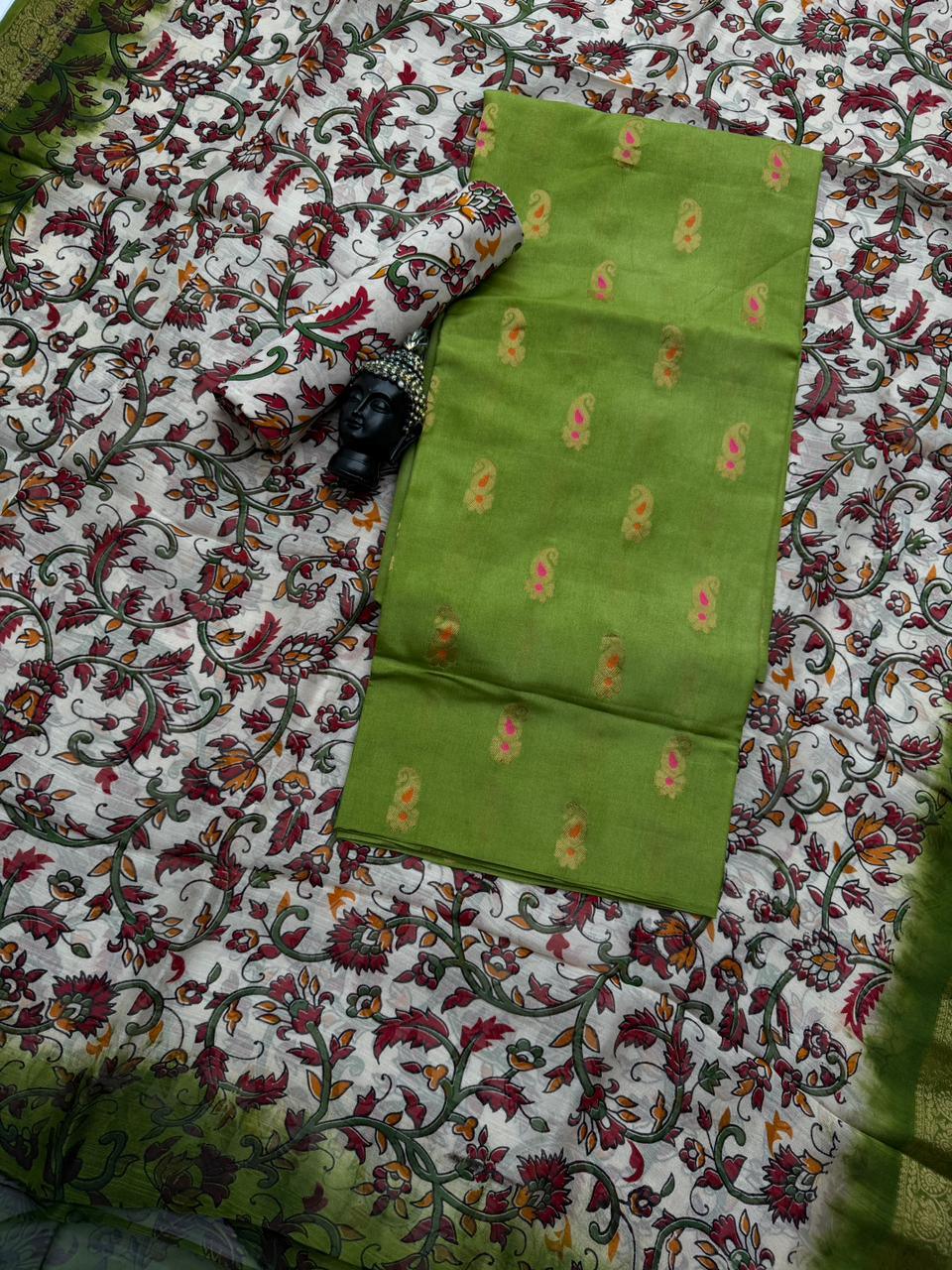 Premium Soft Jute Dress Material with Green Woven Top & Printed Dupatta