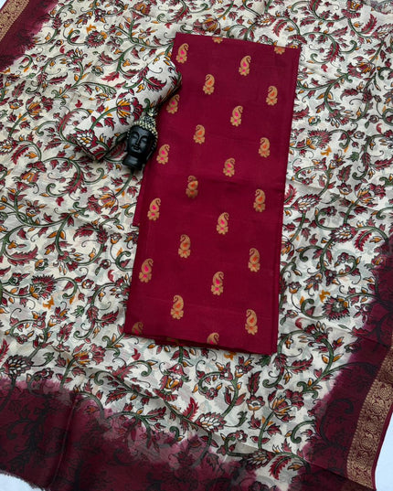 Premium Soft Jute Dress Material with Maroon Woven Top & Printed Dupatta