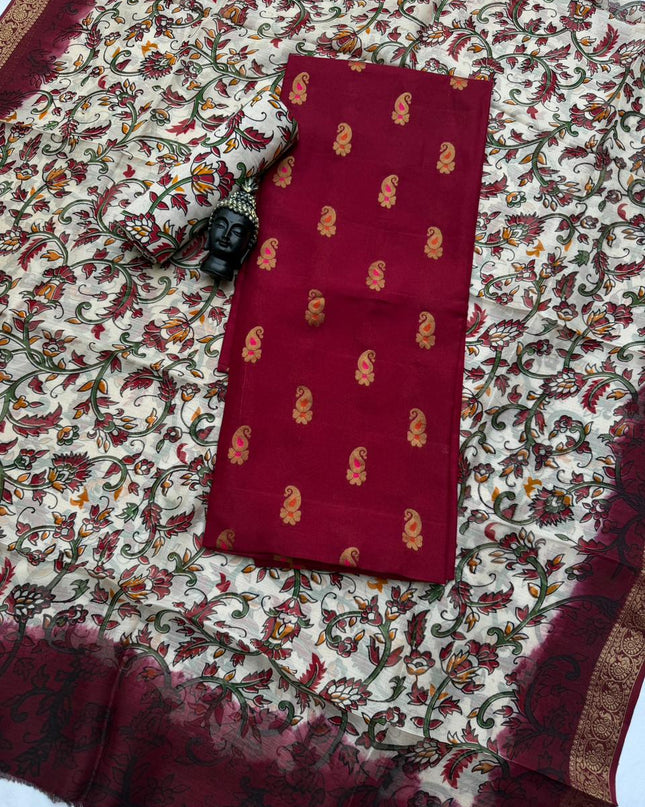Premium Soft Jute Dress Material with Maroon Woven Top & Printed Dupatta