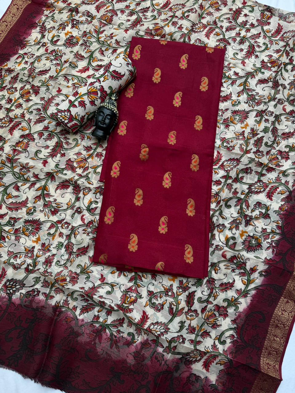 Premium Soft Jute Dress Material with Maroon Woven Top & Printed Dupatta