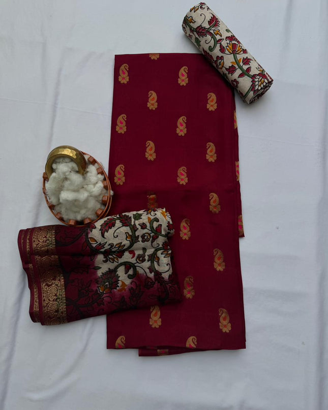 Premium Soft Jute Dress Material with Maroon Woven Top & Printed Dupatta