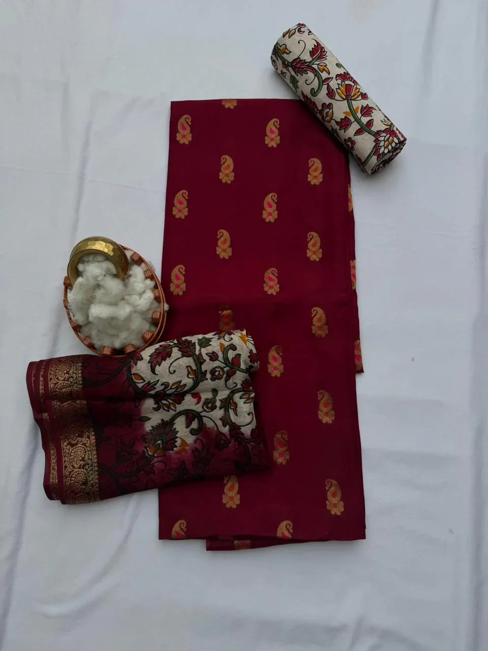 Premium Soft Jute Dress Material with Maroon Woven Top & Printed Dupatta