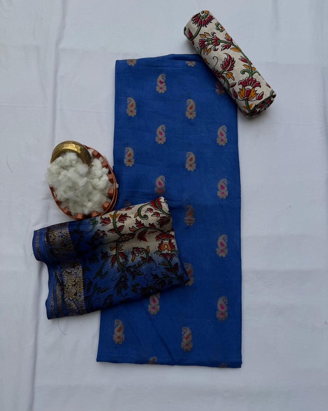 Premium Soft Jute Dress Material with Royal Blue Woven Top & Printed Dupatta