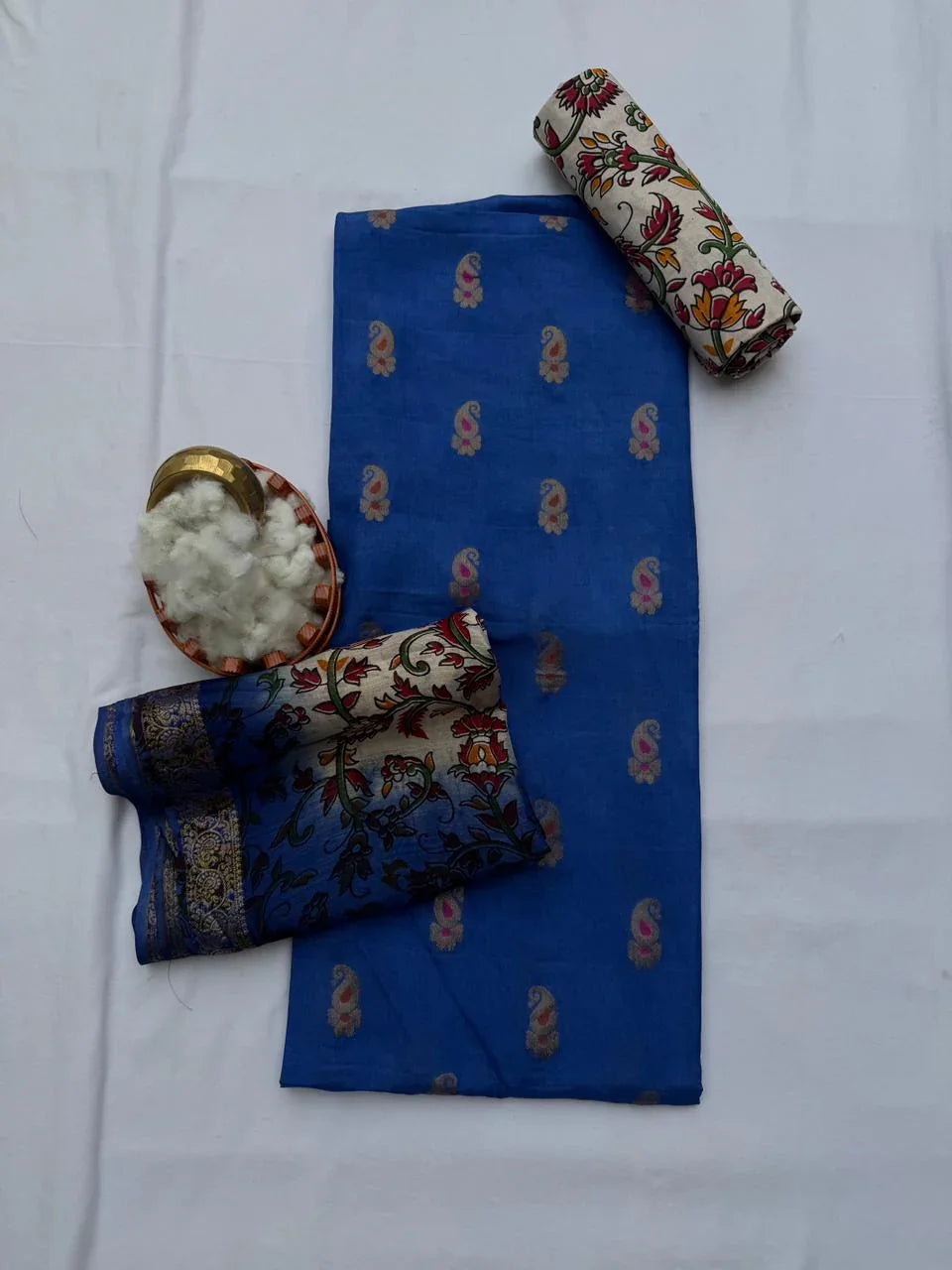 Premium Soft Jute Dress Material with Royal Blue Woven Top & Printed Dupatta