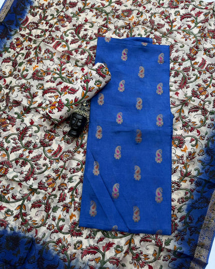 Premium Soft Jute Dress Material with Royal Blue Woven Top & Printed Dupatta