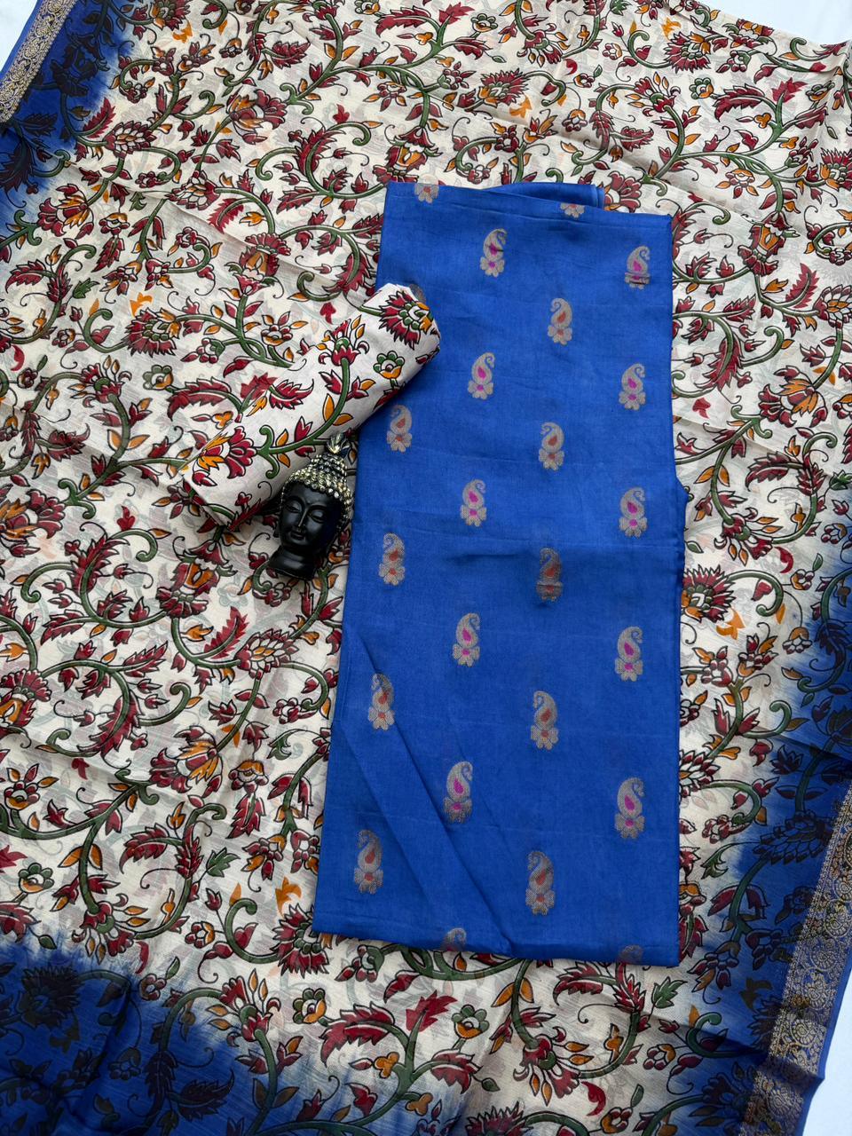 Premium Soft Jute Dress Material with Royal Blue Woven Top & Printed Dupatta