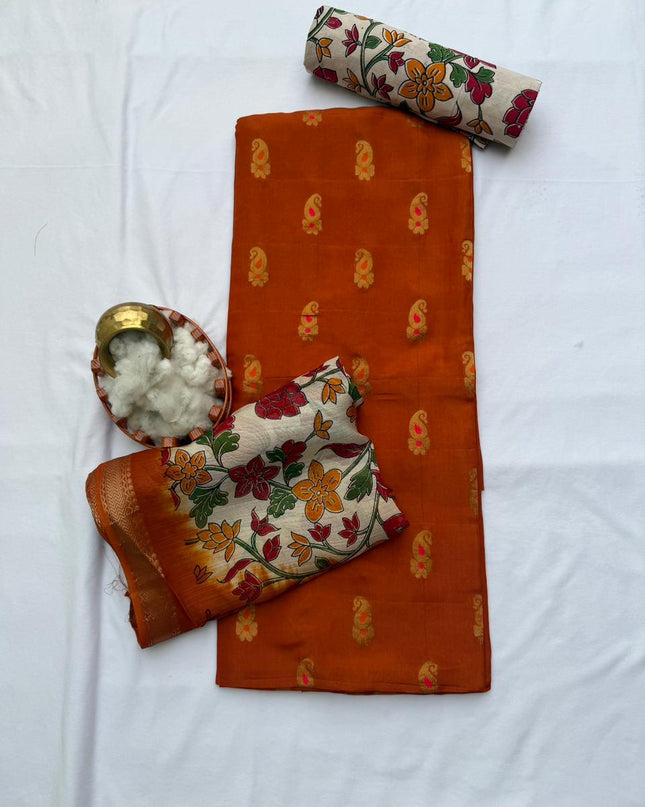 Premium Soft Jute Dress Material with Orange Woven Top & Printed Dupatta