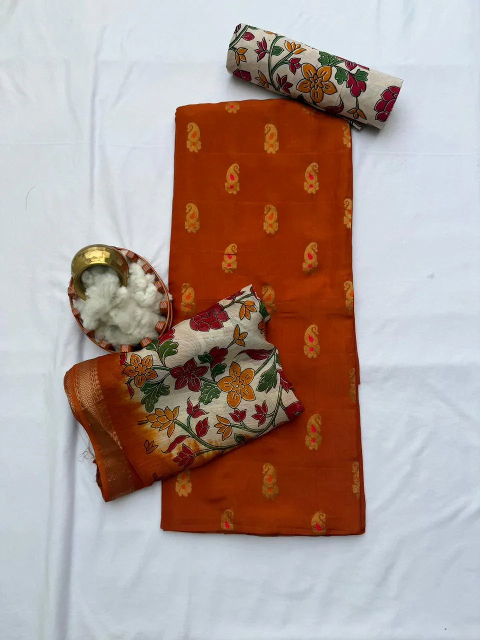 Premium Soft Jute Dress Material with Orange Woven Top & Printed Dupatta