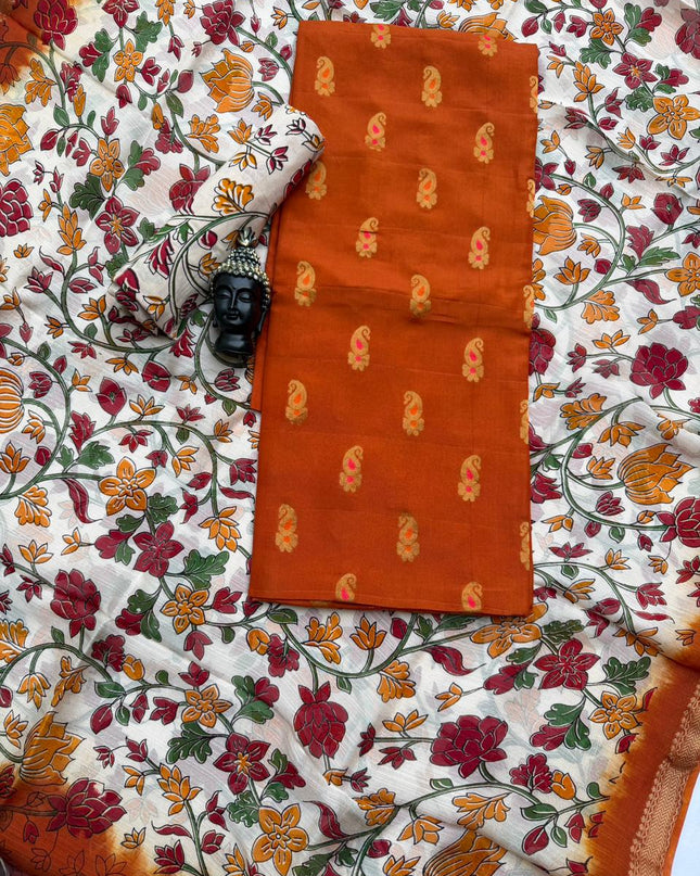 Premium Soft Jute Dress Material with Orange Woven Top & Printed Dupatta